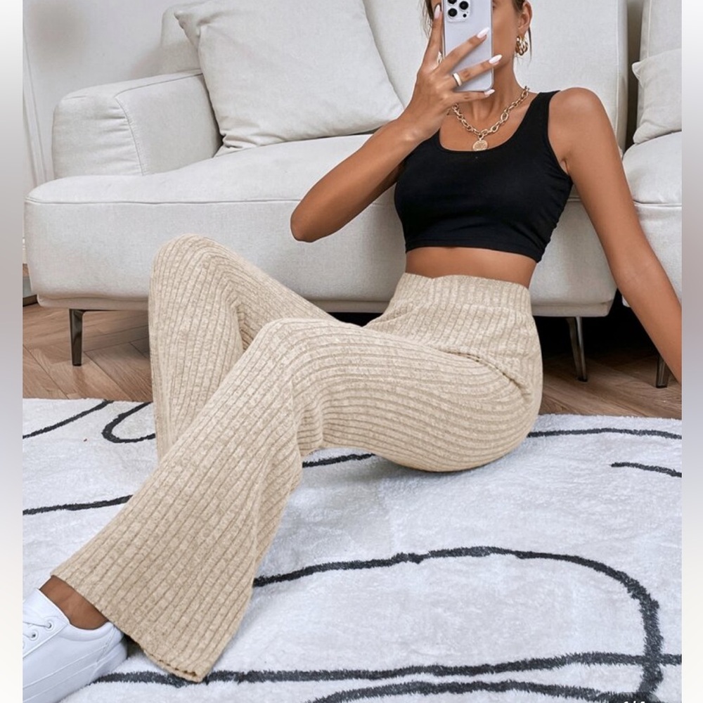 Beige Ribbed Knit Flare Pants soft!!